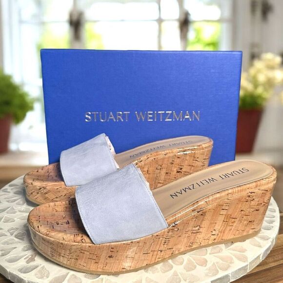 Stuart Weitzman $375 Summer Suede Leather Wedge Slide Sandals Cork Platform Slip - Picture 2 of 14
